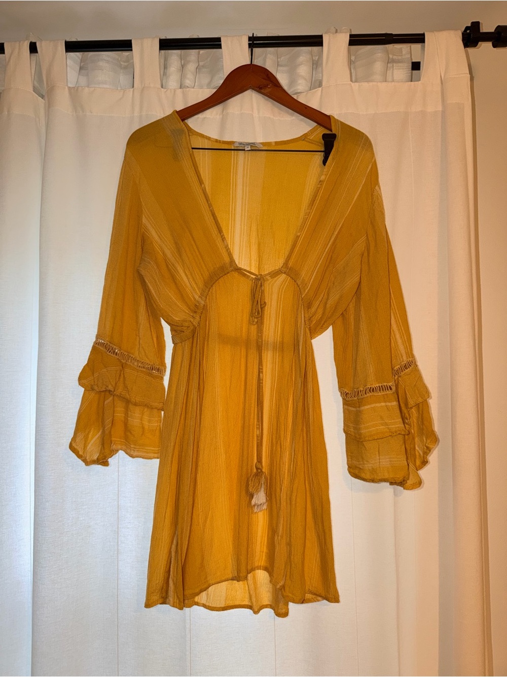 Blue Island Yellow Boho Tie-Front Mini Cover Up with Tassels and Ruffled Sleeves